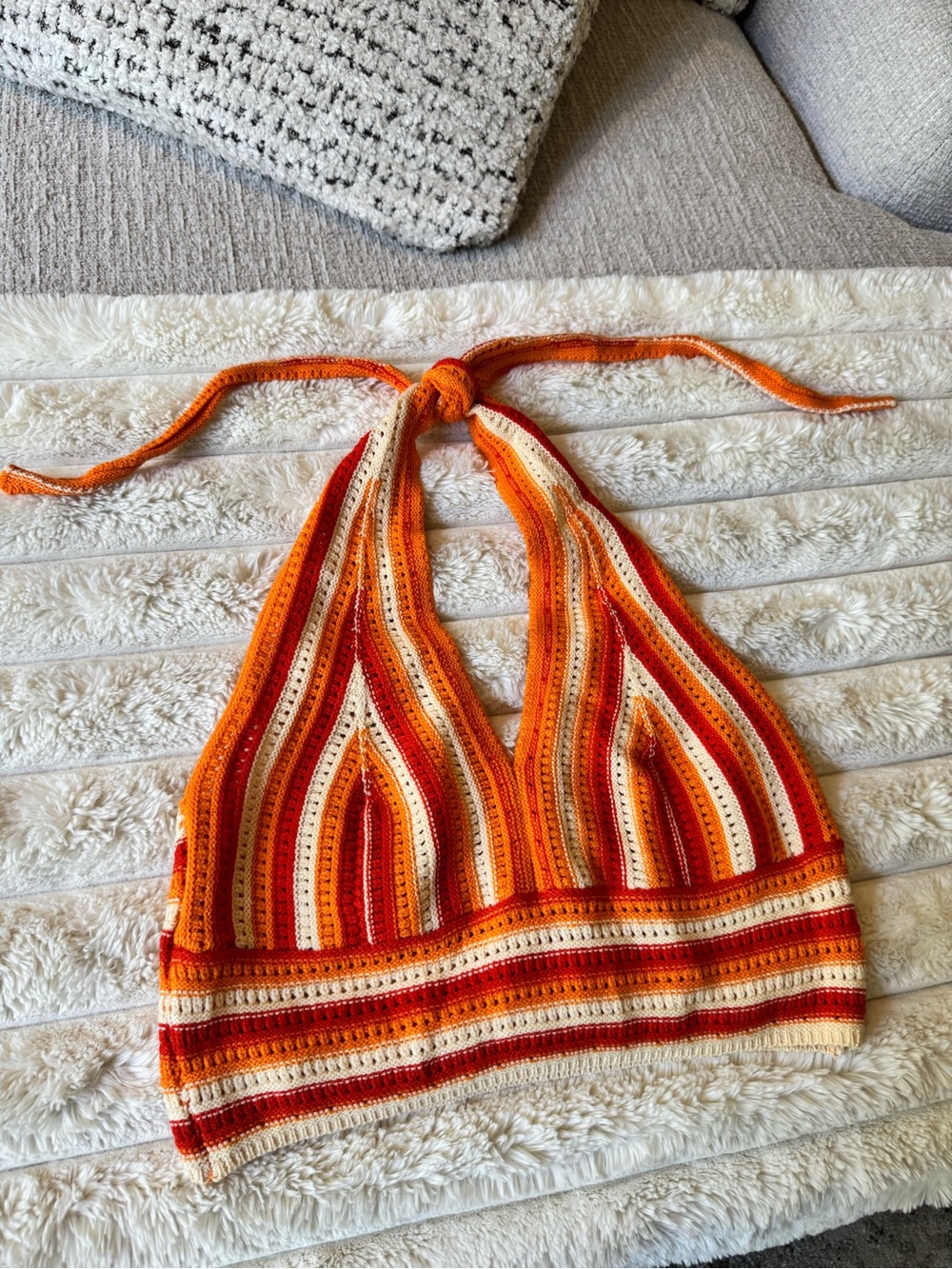 Y2K 70s retro crochet striped halter top orange red cream size Large